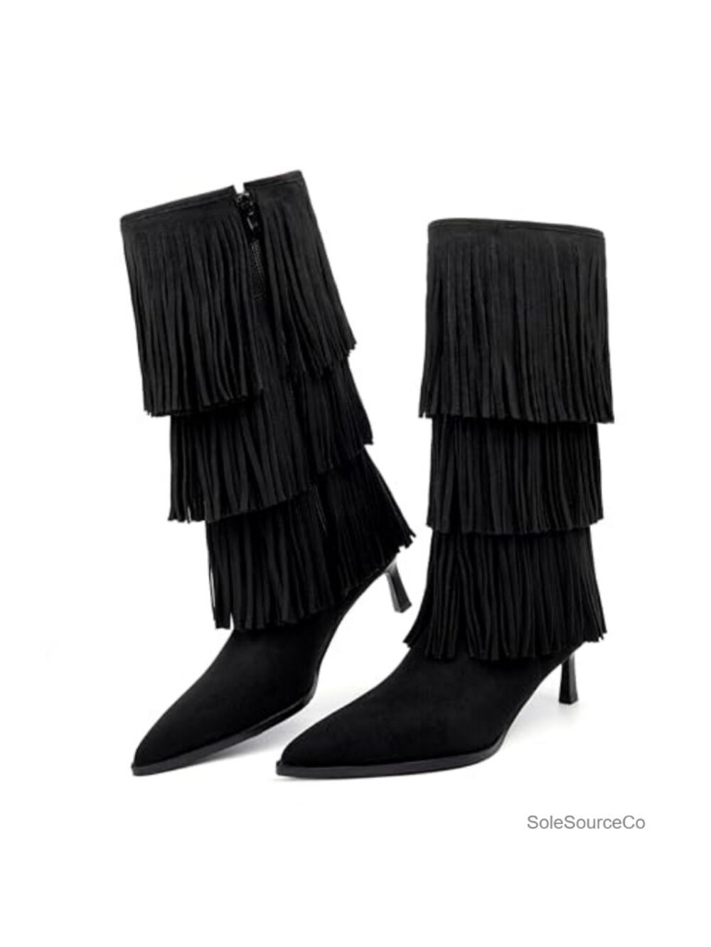 Suede Fringe Boots Kitten Heel Pointed Toe Mid-Calf Western